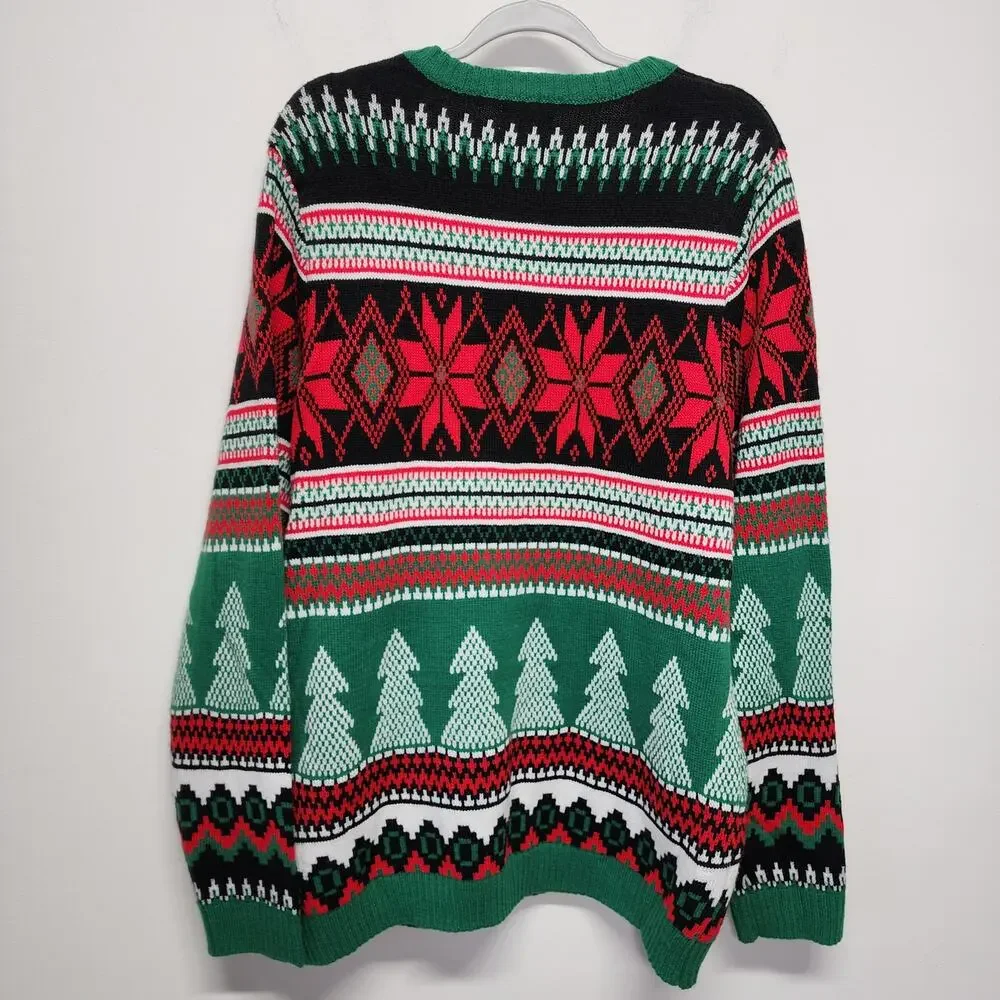 Ugly Christmas Sweater Mens XL Santa Drink Pocket Argyle Chimney Holiday Time